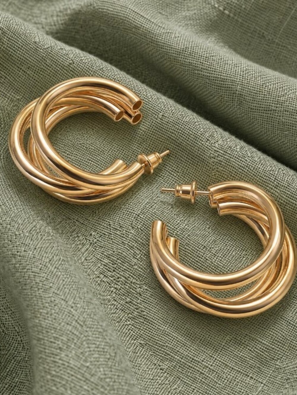 Gold Triple-Tube Hoop Earrings